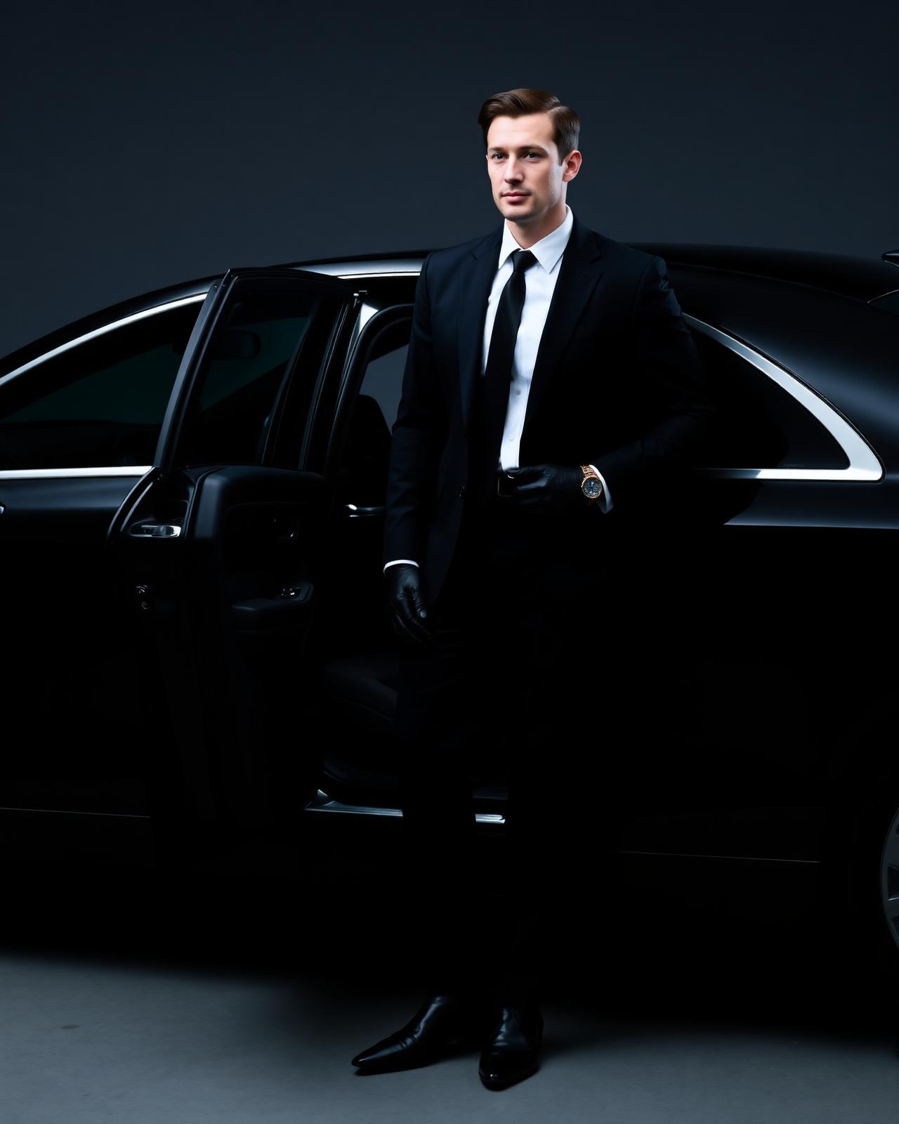 Professional luxury chauffeur in black suit